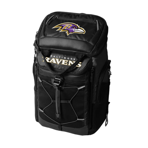 Baltimore Ravens 26-can backpack cooler by Logo Brands, featuring team logo and insulated main compartment for beverages.