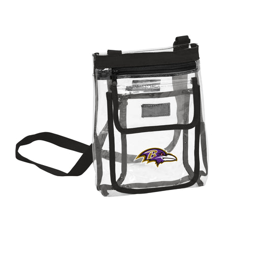 Baltimore Ravens clear crossbody bag by Logo Brands, transparent bag with Ravens logo and adjustable strap.