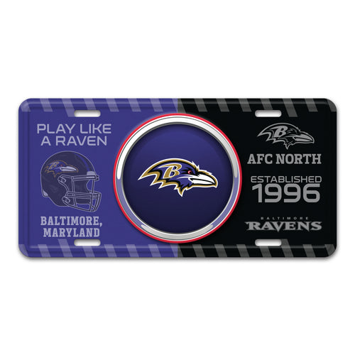 Baltimore Ravens embossed metal license plate with team logo and branding, perfect for fans and vehicle decoration.