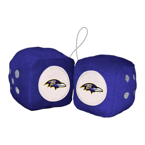 NFL Baltimore Ravens fuzzy dice for car interior decor, branded by Logo Brands, featuring team colors and logo.