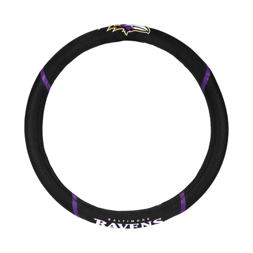 Baltimore Ravens logo steering wheel cover by Logo Brands, fits auto steering wheels with team branding and design.