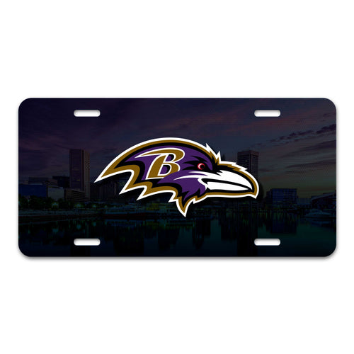 Baltimore Ravens flat metal license plate with team logo and black background, suitable for vehicle or display.