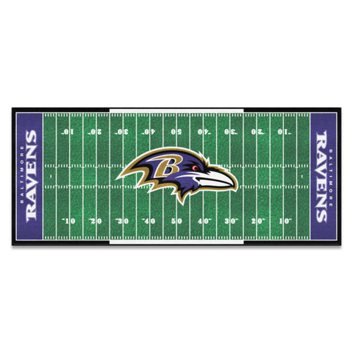 Baltimore Ravens NFL football field runner mat with team logo, ideal for sports-themed decor and game room flooring.