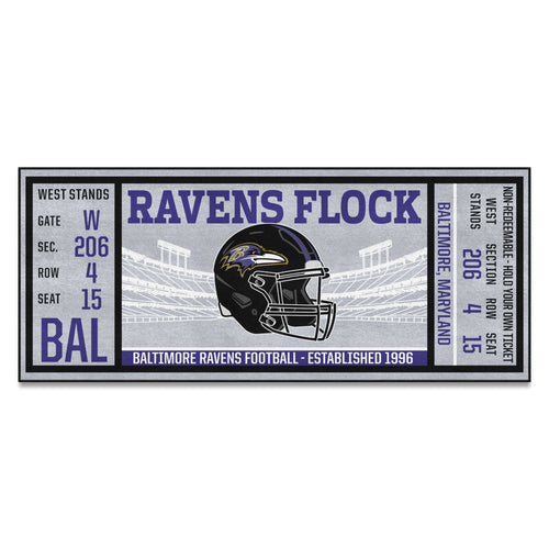 Baltimore Ravens NFL Ticket Runner mat with team logo and football ticket design for fan decor and game room accents.