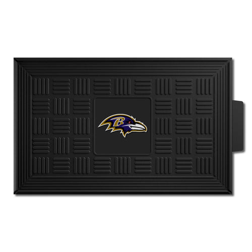 Baltimore Ravens medallion door mat featuring NFL logo and team colors, made of durable material for outdoor use.