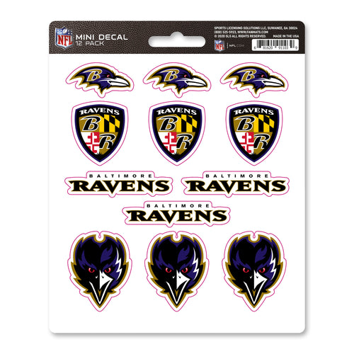 Set of 12 Baltimore Ravens mini decals by Logo Brands, featuring team logos on adhesive stickers.