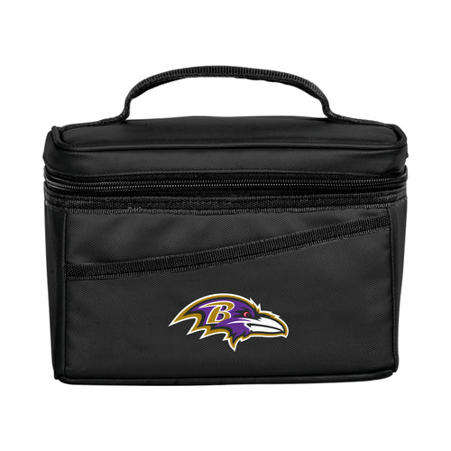 Baltimore Ravens 6-can flex cooler by Logo Brands, featuring team logo and black fabric with adjustable shoulder strap.