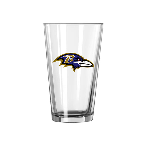 Baltimore Ravens 16oz Logo Pint Glass featuring team logo, designed for fans and display of team pride in glassware.