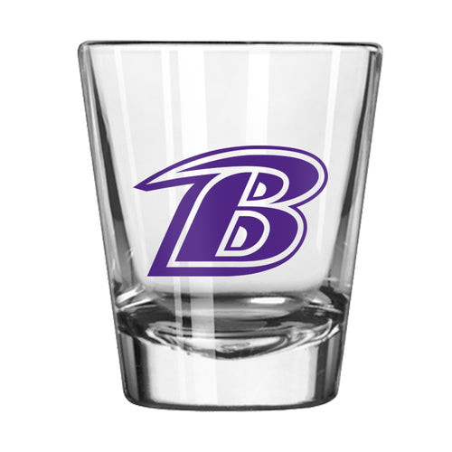 Baltimore Ravens 2oz Gameday shot glass with team logo and black design, made by Logo Brands for sports fans.