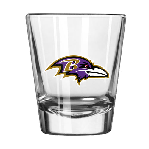 Baltimore Ravens 2oz Swagger shot glass from Logo Brands, clear drinkware with Ravens logo and team colors.