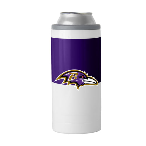 Baltimore Ravens colorblock 12oz slim can cooler, Logo Brands drinkware featuring team colors and logo.