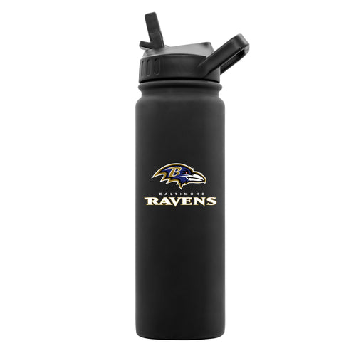 Baltimore Ravens 24oz black soft touch drinkware bottle with team logo, made by Logo Brands, featuring a sleek, durable design
