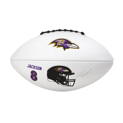 Baltimore Ravens Lamar Jackson full-size autograph football with Logo Brands branding, featuring signature and team logo.