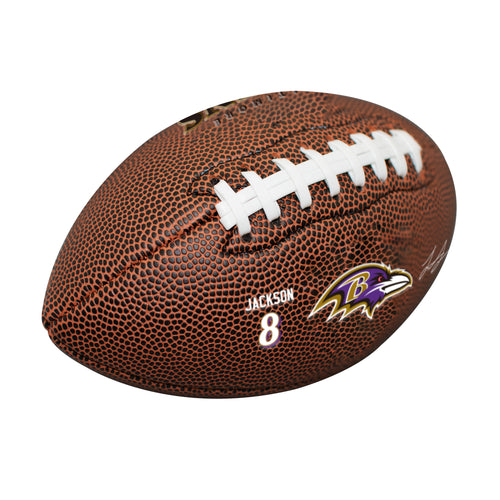 Baltimore Ravens mini Lamar Jackson composite football for recreation by Logo Brands, featuring team logo and player details.