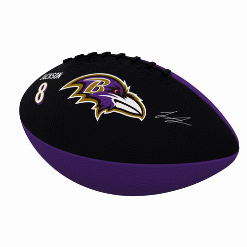 Mini Lamar Jackson rubber football featuring Baltimore Ravens logo, perfect for recreation and display.