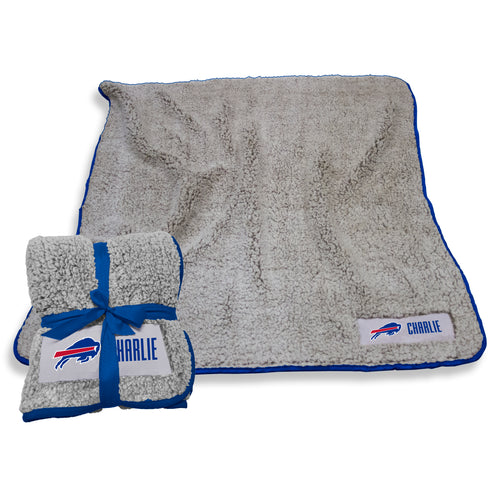 Buffalo Bills personalized frosty fleece blanket by Logo Brands, featuring team logo and custom name embroidery.