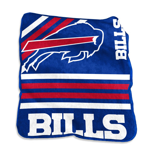 Buffalo Bills Raschel throw blanket by Logo Brands featuring team logo and vibrant sports team colors, soft and cozy for fans.