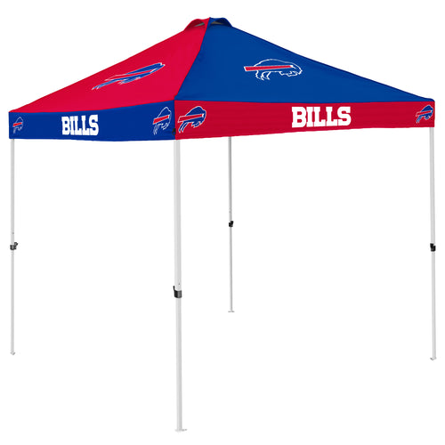 Buffalo Bills checkerboard canopy shelter by Logo Brands, featuring team colors and logo, set up outdoors for game day shade.