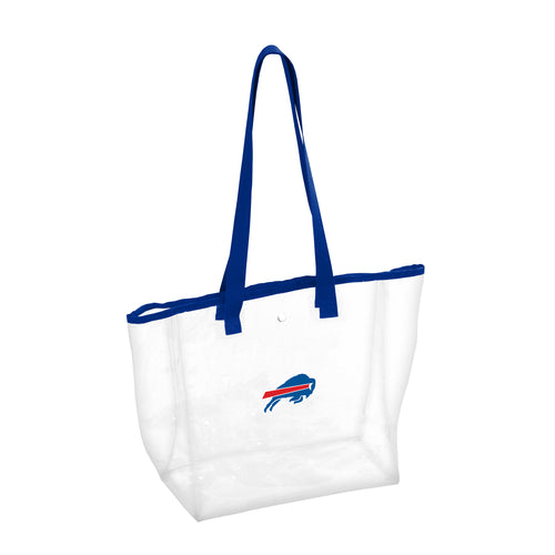 Clear tote bag featuring Buffalo Bills logo, stadium design, and sturdy handles, perfect for game day accessories.