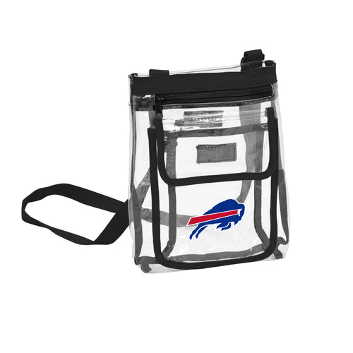 Clear crossbody bag featuring Buffalo Bills logo and team colors, perfect for game day or casual use.