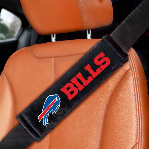 Pair of NFL Buffalo Bills embroidered auto seat belt pads by Logo Brands with team logo and comfortable cushioning.