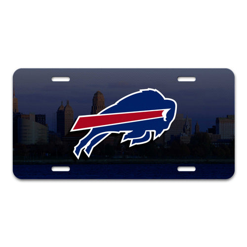 Buffalo Bills flat metal license plate with team logo and colors, designed for vehicle or garage decor.