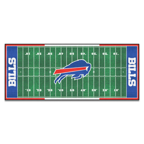 Buffalo Bills football field runner mat by Logo Brands featuring team logo and vibrant field design for NFL fans.