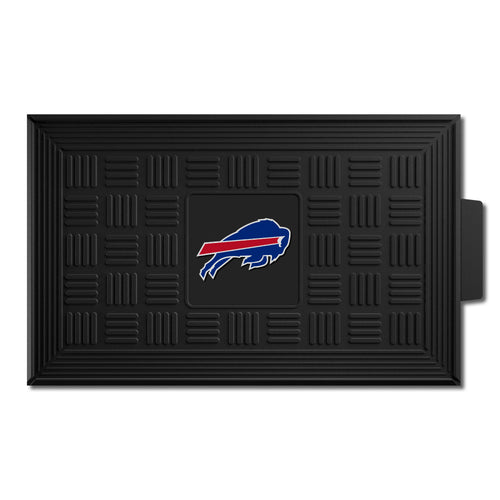 Buffalo Bills medallion door mat with NFL logo, durable rubber and fabric design for indoor or outdoor use.