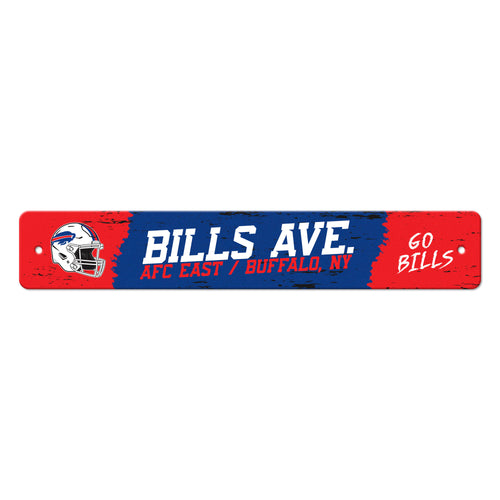 Buffalo Bills street sign for man cave decor, flat style, made by Logo Brands featuring the NFL team logo and bold team colors.