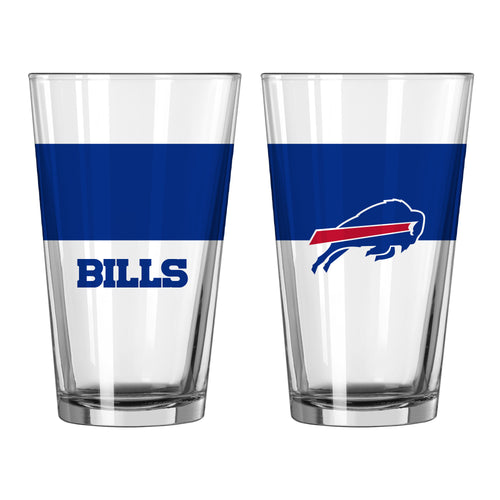 Buffalo Bills 16oz colorblock pint glass with team logo, durable glass drinkware for fans and game day celebrations.