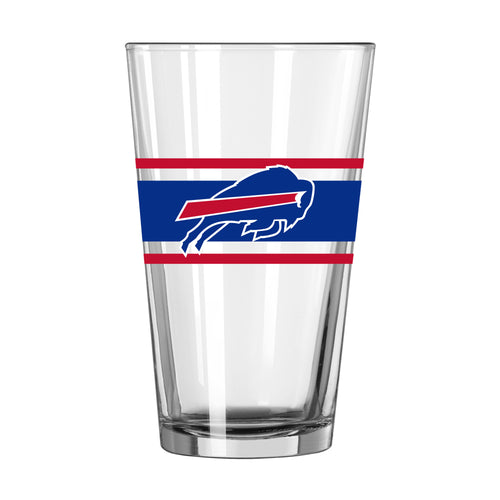 Buffalo Bills 16oz stripe pint glass with team logo, durable drinkware for sports fans featuring bold team colors and design.