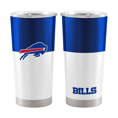 Buffalo Bills 20oz colorblock stainless steel tumbler with team logo, double-wall insulation, and spill-proof lid.