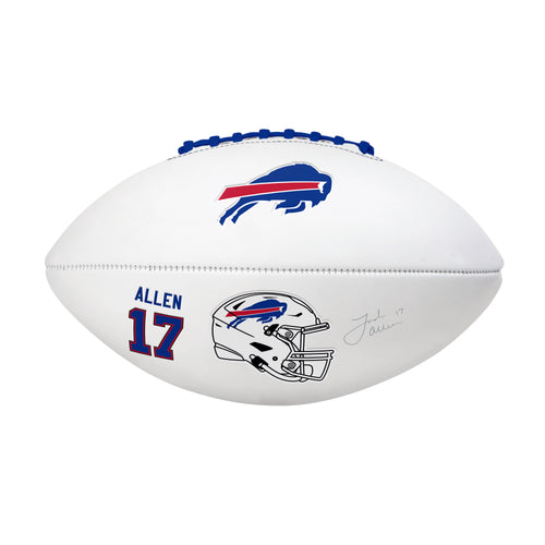 Recreation football signed by Buffalo Bills quarterback Josh Allen with full autograph, logo brands logo visible.