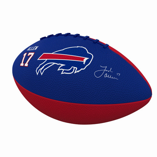 Mini rubber football featuring Buffalo Bills and Josh Allen logo, perfect for recreation and display.