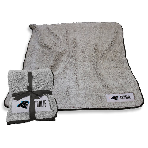 Carolina Panthers personalized fleece blanket by Logo Brands featuring team logo and custom embroidery on soft frost fleece.