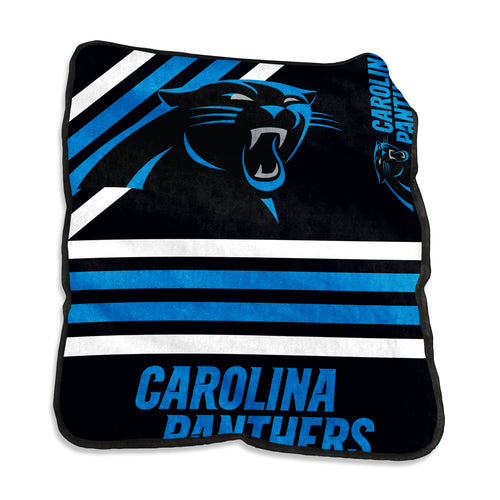 Carolina Panthers Raschel throw blanket by Logo Brands, featuring team logo and vibrant colors, perfect for fans' cozy comfort.
