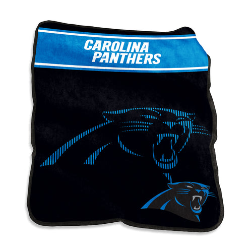 Carolina Panthers 60x80 Raschel throw blanket by Logo Brands, featuring team logo and colors, soft and cozy for fans.