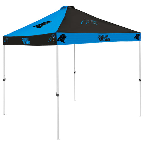 Carolina Panthers checkerboard canopy shelter with logo branding, featuring a vibrant black, blue, and white checkerboard design.