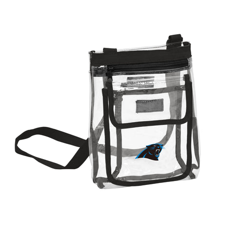 Clear crossbody bag featuring Carolina Panthers logo and branding, perfect for game day or casual wear.