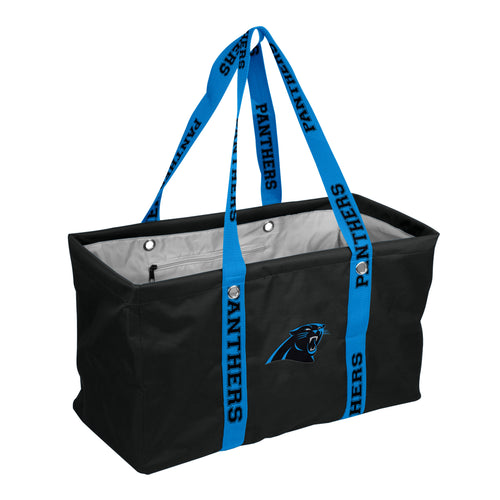 Carolina Panthers picnic caddy with adjustable strap by Logo Brands, featuring team logo and multiple compartments for outdoor use.
