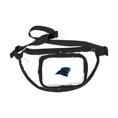 Clear Carolina Panthers fanny pack from Logo Brands with team logo, adjustable strap, and transparent design for fans and events.