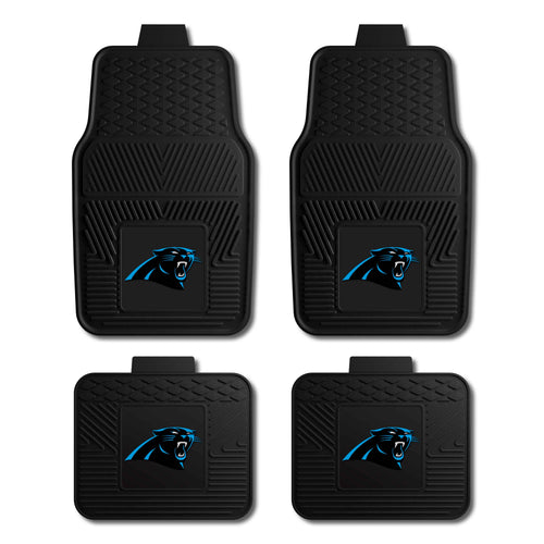 Carolina Panthers NFL vinyl auto mat set with four car mats featuring team logo and graphics, designed for vehicle interior protection.