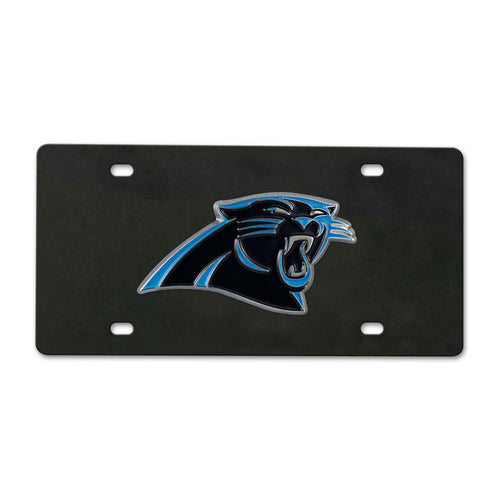 Black diecast Carolina Panthers license plate with team logo and branding, designed for vehicle or display use.