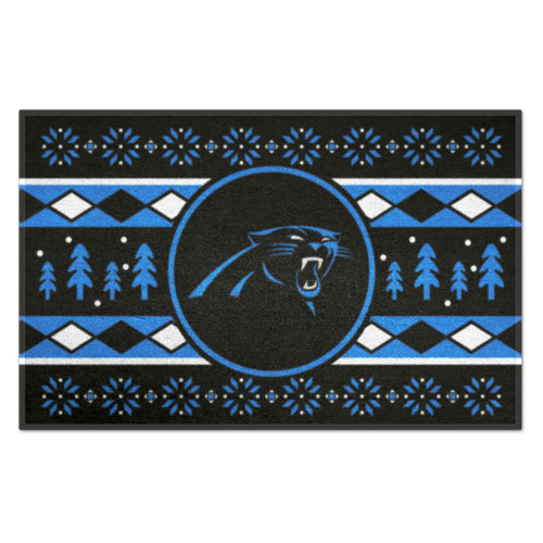NFL Carolina Panthers holiday sweater starter mat by Logo Brands, featuring team logo and festive design on fabric surface.