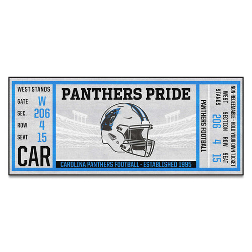 Carolina Panthers NFL ticket runner mat by Logo Brands featuring team logo and vibrant design for game day decor.