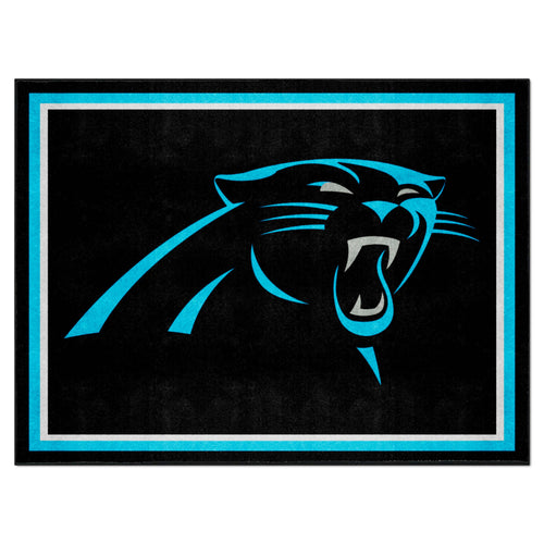 Carolina Panthers 8x10 sports rug featuring team logo, ideal for game rooms or fan spaces, by Logo Brands.