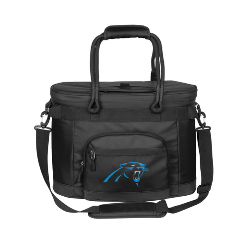 Carolina Panthers 35 Can Flex Cooler by Logo Brands showing a black insulated cooler with Panther logo and carrying handle.