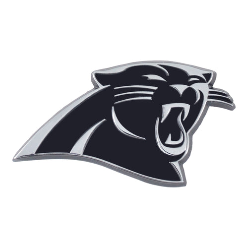 Carolina Panthers chrome emblem by Logo Brands, featuring the team's logo on a shiny metallic surface.