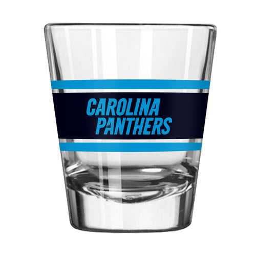 Carolina Panthers 2oz striped shot glass from Logo Brands, featuring team colors and logo, for sports-themed drinkware.
