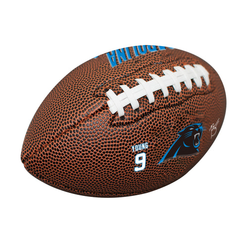 Mini Bryce Young Carolina Panthers football by Logo Brands, size composite recreation football with team logo and player image.